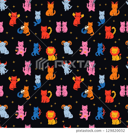 Seamless Zodiac Cats Pattern with Astrology and Horoscope Symbols Seamless Zodiac Cats Pattern with Astrology and Horoscope Symbols 129820032