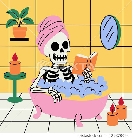 Cartoon skeleton in pink bathtub with bubbles wearing towel reading book surrounded by candles in tiled bathroom	 129820094
