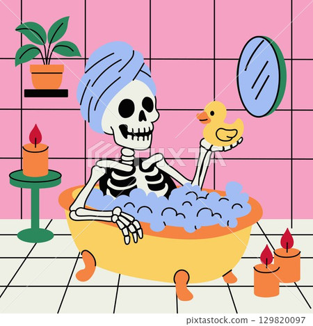 Funny Skeleton Taking a Bubble Bath with Rubber Duck 129820097