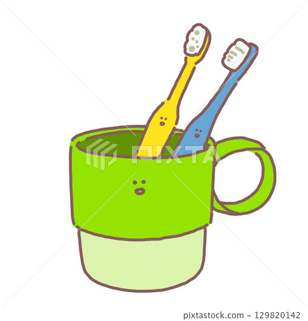 An illustration of a yellow and blue toothbrush standing in a green cup 129820142