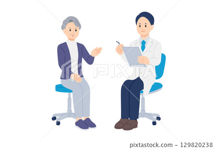 一位男醫生和一位高級女病人正在進行採訪[人物向量插圖素材] 129820238
