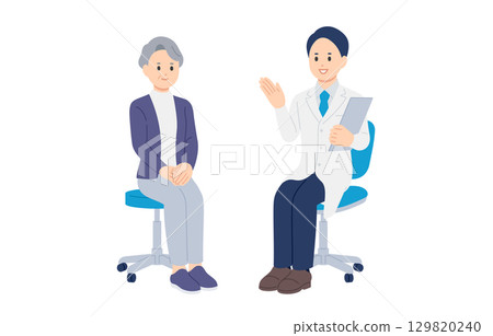 診斷和解釋男醫生和高級女病人[人物向量插圖素材] 129820240