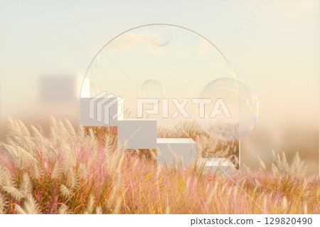 Abstract autumn landscape scene with a podium for product display. 3d rendering Abstract autumn landscape scene with a podium for product display. 3d rendering 129820490