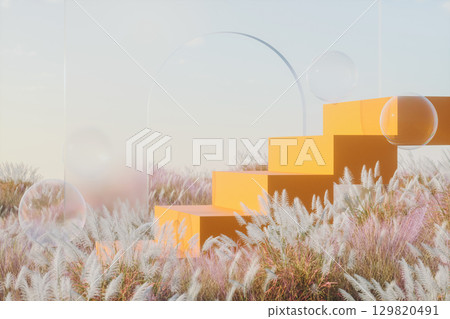 Abstract autumn landscape scene with a podium for product display. 3d rendering 129820491