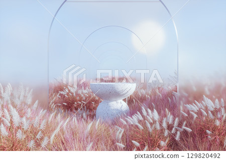 Abstract autumn landscape scene with a podium for product display. 3d rendering 129820492