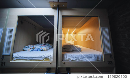 Capsule hotel beds inviting travelers for comfortable rest and privacy 129820500