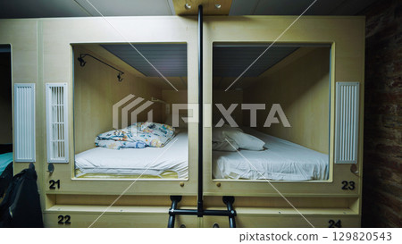 Capsule hotel beds providing comfortable and private accommodation Capsule hotel beds providing comfortable and private accommodation 129820543