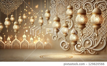 優雅的阿拉伯背景,配有白色和金色的精緻燈籠 優雅的阿拉伯背景,配有白色和金色的精緻燈籠 129820566