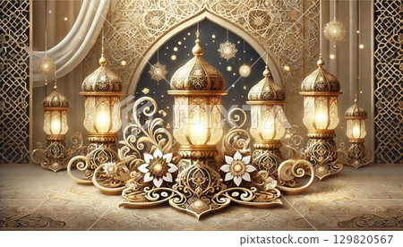 華麗的阿拉伯環境，配有金色和白色的燈籠 129820567