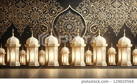 Sophisticated arabic background with white and gold lanterns 129820568