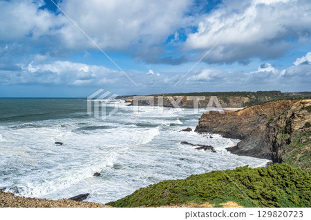 Praia De Odeceixe Beach, Portugal. Atlantic Ocean, Hiking Rota Vicentina the Fisherman's Trail. 129820723