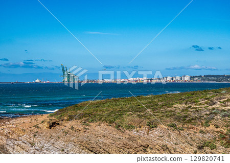 Vegetation on a dune next to the sand of Sao Torpes beach in Sines, Portugal. The industrial port in the background Vegetation on a dune next to the sand of Sao Torpes beach in Sines, Portugal. The industrial port in the background 129820741