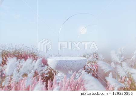 Abstract autumn landscape scene with a podium for product display. 3d rendering 129820896