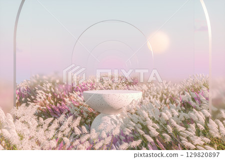 Abstract autumn landscape scene with a podium for product display. 3d rendering 129820897