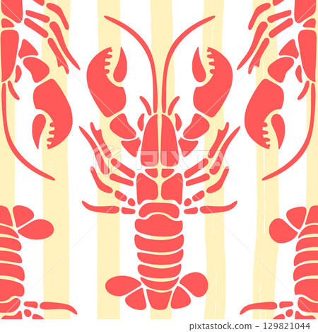 Seamless Lobster pattern on Yellow and white stripes. Summer seafood pattern. Coastal Mediterranean Coastal themed background. Hand-drawn vector inspired by Summer Italian aesthetic. Seamless Lobster pattern on Yellow and white stripes. Summer seafood pattern. Coastal Mediterranean Coastal themed background. Hand-drawn vector inspired by Summer Italian aesthetic. 129821044