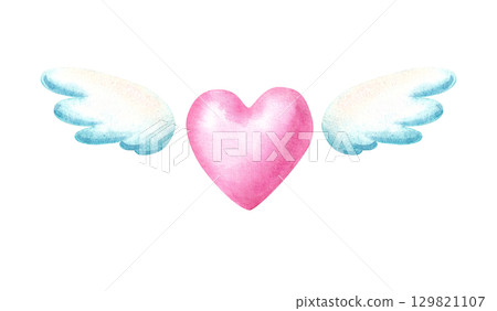 Heart with wings in cute naive style. Watercolor hand drawn illustration for Valentine's Day decor Heart with wings in cute naive style. Watercolor hand drawn illustration for Valentine's Day decor 129821107