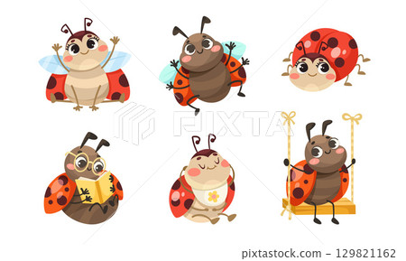 Charming Cute Cartoon Ladybugs Engaging in Various Fun and Entertaining Activities Charming Cute Cartoon Ladybugs Engaging in Various Fun and Entertaining Activities 129821162