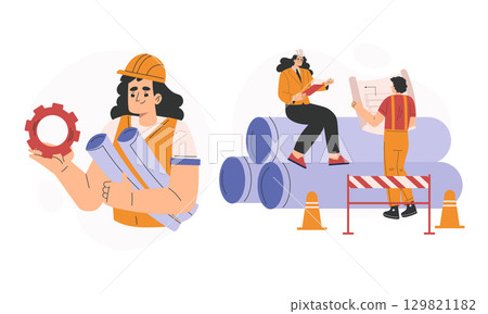 Construction Workers Engaged in Team Collaboration on a Building Project to Achieve Success 129821182