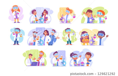 Cartoon scientists inspire young minds through fun experiments in a colorful depiction Cartoon scientists inspire young minds through fun experiments in a colorful depiction 129821292