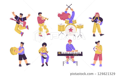 Vibrant and Expressive Musicians Skillfully Playing Various Instruments in Colorful Styles 129821329