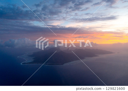 Aerial view of Moorea island at sunset, French Polynesia 129821600
