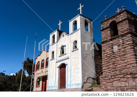 Church and municipal building of Llachon near Lake Titicaca, Peru Church and municipal building of Llachon near Lake Titicaca, Peru 129821628
