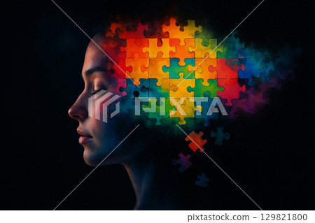 AI generated conceptual art of female profile with brain represented as colorful puzzle pieces symbolizing memory creativity and problem solving against dark background 129821800