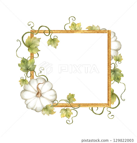 Hand-drawn illustration of a white pumpkin with leaves and vines, framed by a golden glitter square 129822003