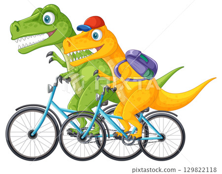 Two Cartoon Dinosaurs Riding Bicycles Side by Side 129822118