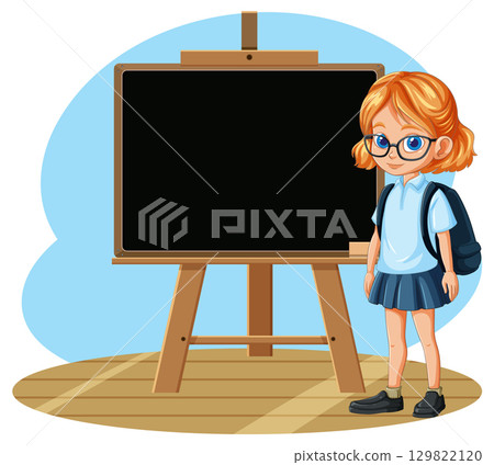 Schoolgirl With Backpack Standing Beside Blank Chalkboard Schoolgirl With Backpack Standing Beside Blank Chalkboard 129822120