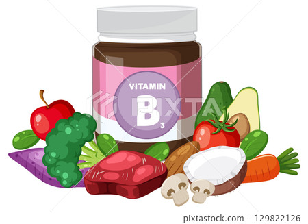 Vitamin B3 Supplement Jar with Fresh Healthy Foods Vitamin B3 Supplement Jar with Fresh Healthy Foods 129822126