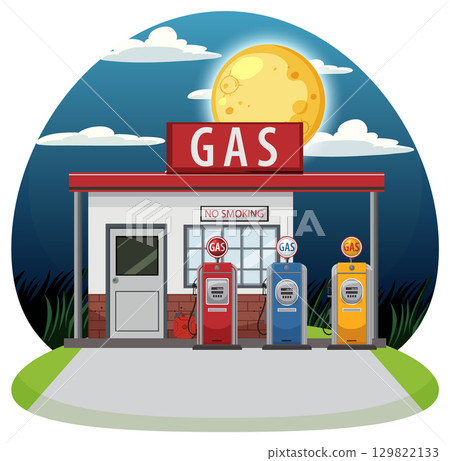 Retro Gas Station at Night with Full Moon Retro Gas Station at Night with Full Moon 129822133