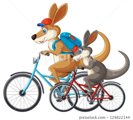 Kangaroo Parent and Child Riding Bicycles Together 129822144