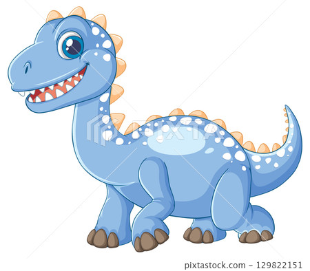 Smiling Blue Cartoon Dinosaur with Spotted Back 129822151