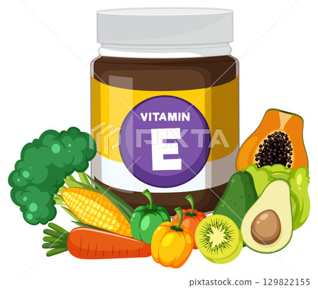 Vitamin E Supplement Jar with Fresh Fruits and Vegetables 129822155