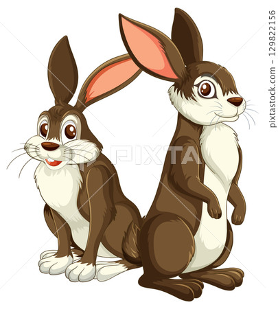 Two Cartoon Brown Rabbits Sitting and Standing Together 129822156