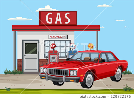 Retro Gas Station with Classic Red Car 129822176