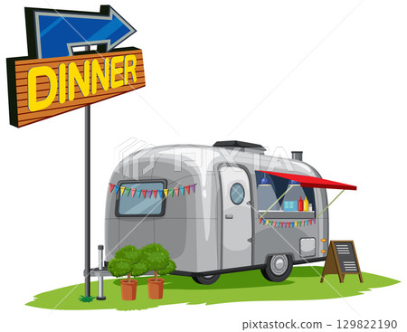 Retro Food Truck with Dinner Sign Illustration 129822190