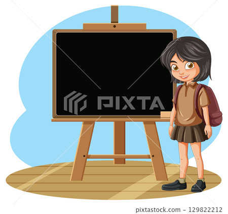 Schoolgirl Standing Beside Blank Blackboard Illustration 129822212