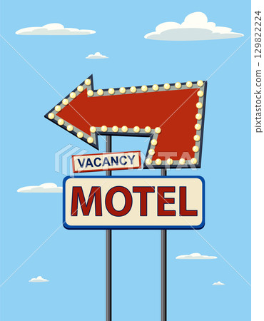 Retro Motel Sign with Arrow and Vacancy Notice 129822224