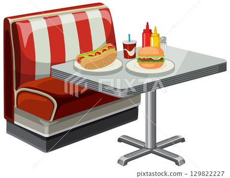 Retro Diner Booth with Classic Fast Food 129822227