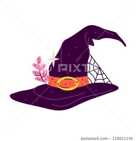 Wizard or sorcerer hat. Halloween costume headgear. Apparel or clothing element for folklore cosplay or magic party. Spellcaster or enchanter, witch or warlock, magician, conjurer accessory. Fairytale 129822230