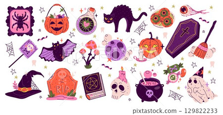Set of vector Halloween sticker for autumn holiday. Horror or scary isolated symbol for spooky and creepy October festive. Pumpkin and ghost, cauldron and moon, vampire coffin, potion. Trick or treat. Set of vector Halloween sticker for autumn holiday. Horror or scary isolated symbol for spooky and creepy October festive. Pumpkin and ghost, cauldron and moon, vampire coffin, potion. Trick or treat. 129822233