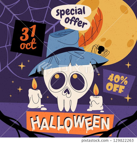 Special holiday offer banner. Vector Halloween sale sign. Leaflet with skull for autumn shopping. Creepy flyer for fall or October festive. Shop or store, supermarket or mall price discount voucher. 129822263