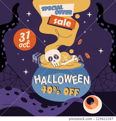 Vector banner for Halloween sale. Seasonal holiday price discount poster or special retail offer card, flyer for shopping event or leaflet for bargain clearance. Advertising promotion sign. Festive. 129822267