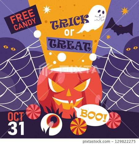 Vector Halloween party banner. Horror holiday poster. Scary invitational or greeting card for seasonal festive. Fall eerie flyer with ghost and pumpkin, trick or treat or sweets, confectionary. Vector Halloween party banner. Horror holiday poster. Scary invitational or greeting card for seasonal festive. Fall eerie flyer with ghost and pumpkin, trick or treat or sweets, confectionary. 129822275