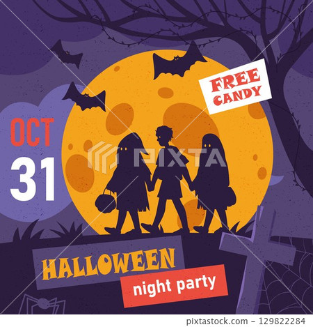 Night party invitational poster for Halloween. Vector banner for announcement or celebration of autumn horror holiday. Eerie and scary seasonal festive flyer. Trick or treat children in spooky costume Night party invitational poster for Halloween. Vector banner for announcement or celebration of autumn horror holiday. Eerie and scary seasonal festive flyer. Trick or treat children in spooky costume 129822284