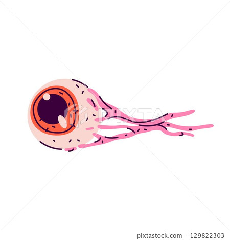 Vector isolated gouged eye. Missing eyeball or Halloween anatomical element. Cartoon flying vision organ. Bloody, damaged, creepy, missing body part. Medical visual element. Extracted or removed sight 129822303