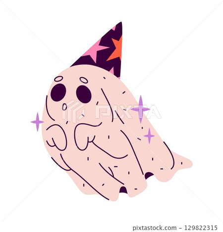 Flying Halloween ghost or autumn phantom in party hat. Vector spooky or scary costume for fall holiday or October celebration. Specter robe,wraith cloak, soul frightening disguise for seasonal festive 129822315