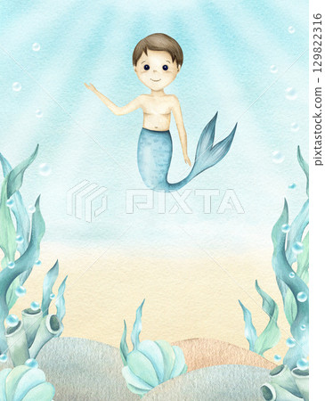 Watercolor frame with mermaid boy in underwater world. Children's illustration with seaweed, sea sponges, seashell, bubbles in turquoise colors. Template for invitation isolated on seascape, sun rays Watercolor frame with mermaid boy in underwater world. Children's illustration with seaweed, sea sponges, seashell, bubbles in turquoise colors. Template for invitation isolated on seascape, sun rays 129822316
